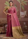 Dusty Rose Pink Tussar Silk Saree with Gold Contrast Blouse
