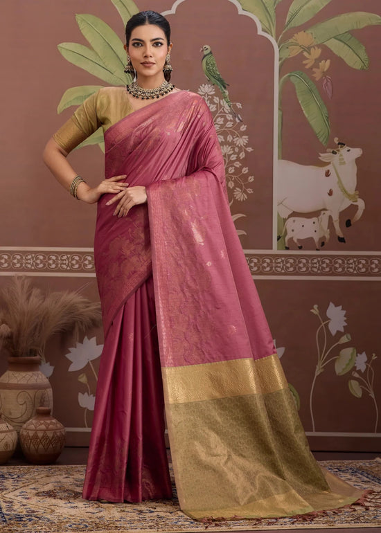 Dusty Rose Pink Tussar Silk Saree with Gold Contrast Blouse