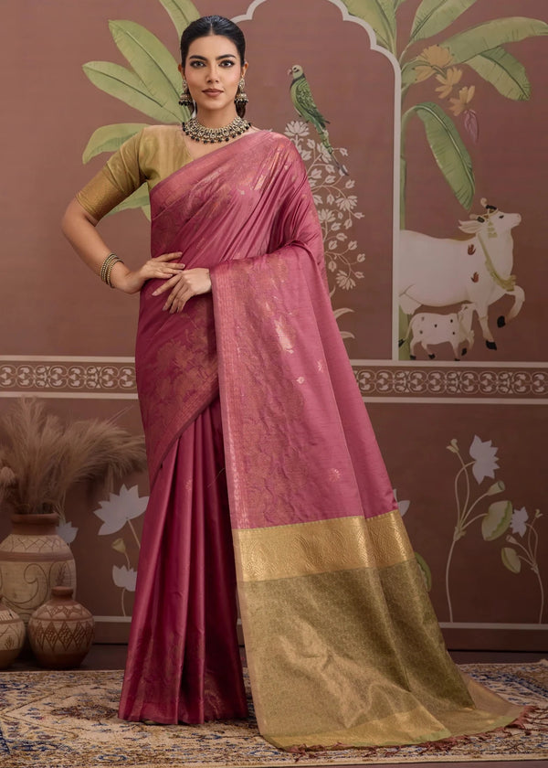 Dusty Rose Pink Tussar Silk Saree with Gold Contrast Blouse