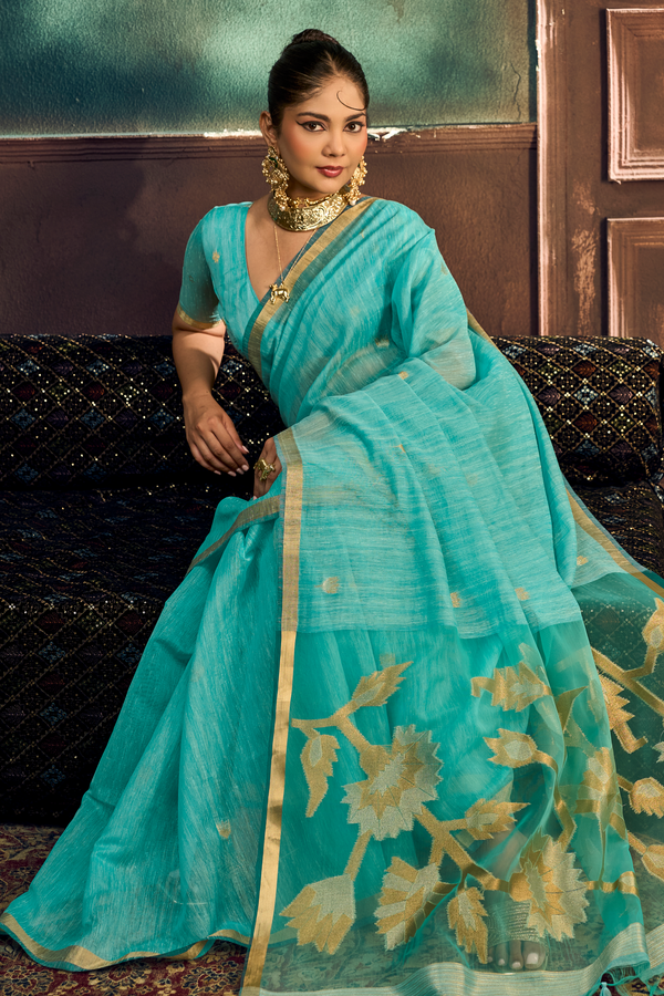 Aqua Blue Banarasi Cotton Silk Saree