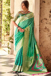 Emerald Green Banarasi Soft Silk Saree With Gold Zari