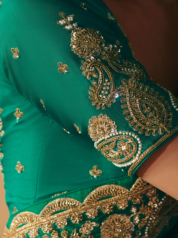 Emerald Green Bandhani Banarasi Georgette Saree, blouse close-up
