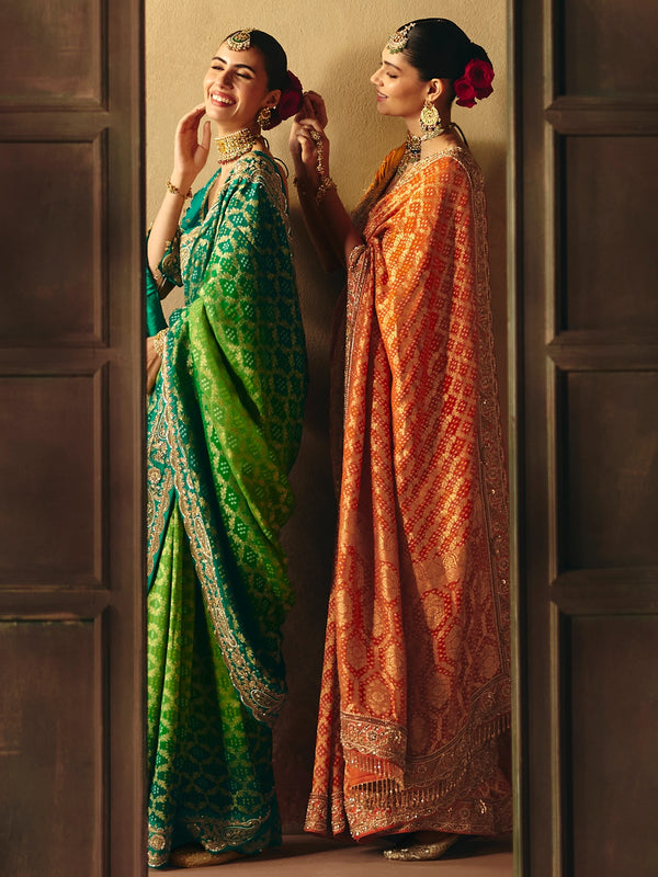 Emerald Green Bandhani Banarasi Georgette Saree, shown with other colours
