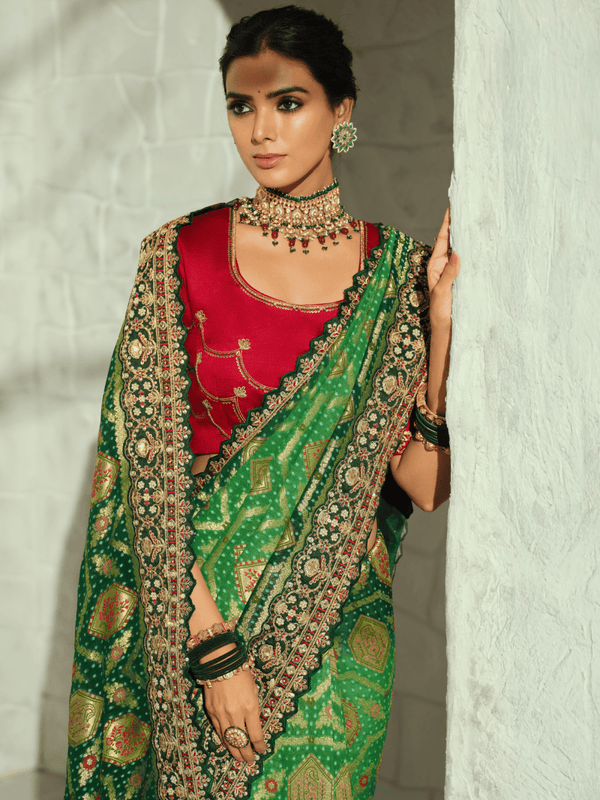 Emerald Green Bandhani Banarasi Georgette Saree With Contrast Blouse