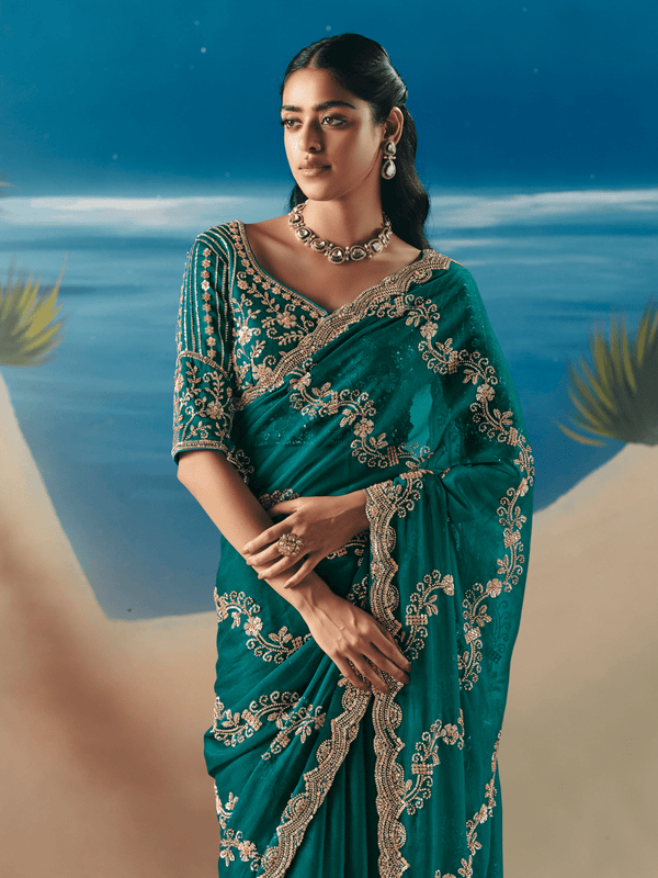 Emerald Green Embroidered Designer Organza Silk Saree