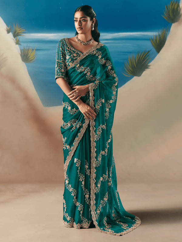 Emerald Green Embroidered Designer Organza Silk Saree