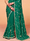 Emerald Green Satin Silk Designer Saree with Yellow Contrast Blouse