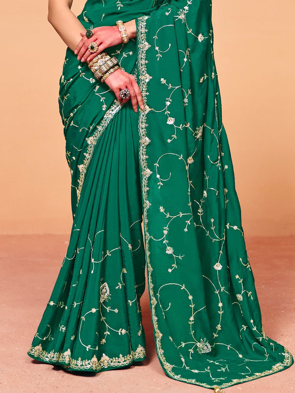 Emerald Green Satin Silk Designer Saree with Yellow Contrast Blouse
