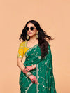 Emerald Green Satin Silk Designer Saree with Yellow Contrast Blouse