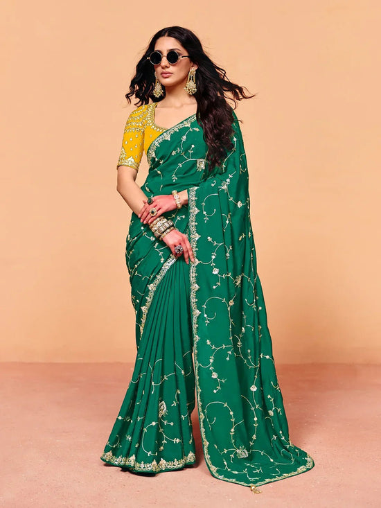 Emerald Green Satin Silk Designer Saree with Yellow Contrast Blouse