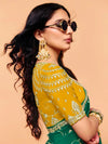 Emerald Green Satin Silk Designer Saree with Yellow Contrast Blouse