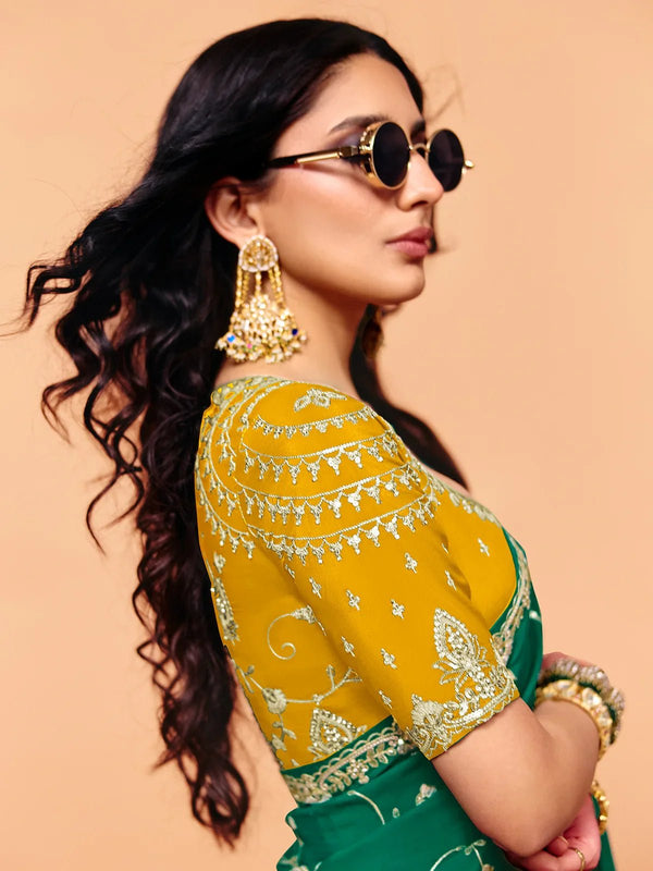Emerald Green Satin Silk Designer Saree with Yellow Contrast Blouse