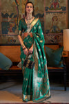 Emerald Green Tanchoi Handloom Weaving Satin Saree