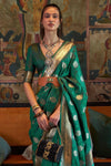 Emerald Green Tanchoi Handloom Weaving Satin Saree