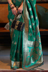 Emerald Green Tanchoi Handloom Weaving Satin Saree