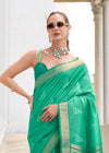 Emerald Green Zari Woven Soft Silk Saree With Ikat Pallu