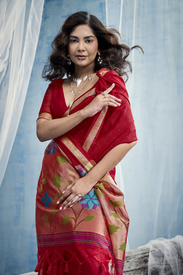 Scarlet Red Paithani Cotton Silk Saree