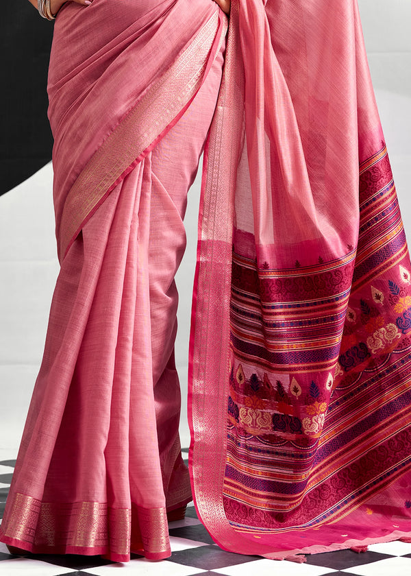 Rose Pink Woven Designer Linen Cotton Saree