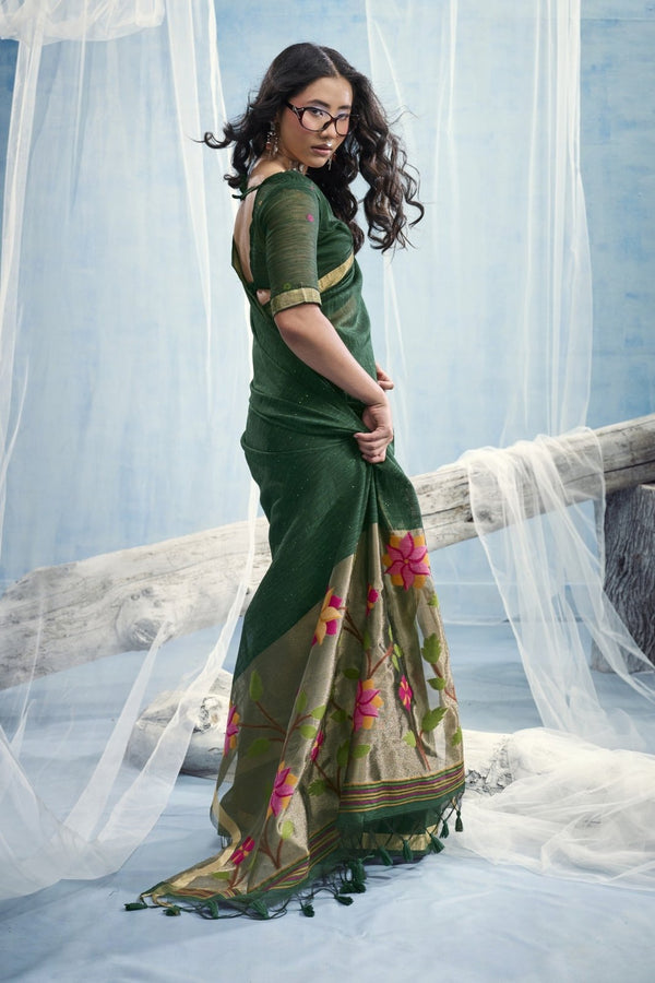 Forest Green Paithani Cotton Silk Saree