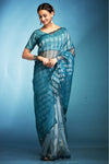 French Blue Printed Tissue Silk Saree