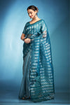 French Blue Printed Tissue Silk Saree