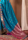 French Blue Woven Banarasi Saree With Temple Border