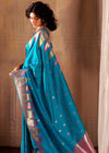 French Blue Woven Banarasi Saree With Temple Border