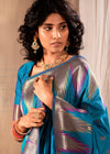 French Blue Woven Banarasi Saree With Temple Border