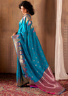 French Blue Woven Banarasi Saree With Temple Border