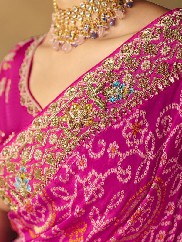 Fuchsia Pink Bandhani Banarasi Georgette Saree, blouse close-up