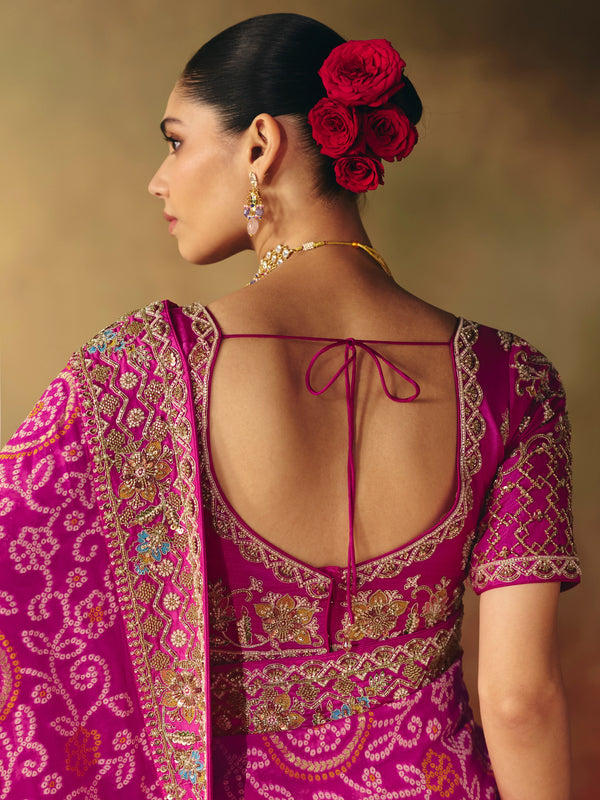 Fuchsia Pink Bandhani Banarasi Georgette Saree, back view