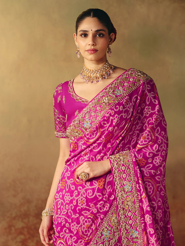 Fuchsia Pink Bandhani Banarasi Georgette Saree, pallu and blouse