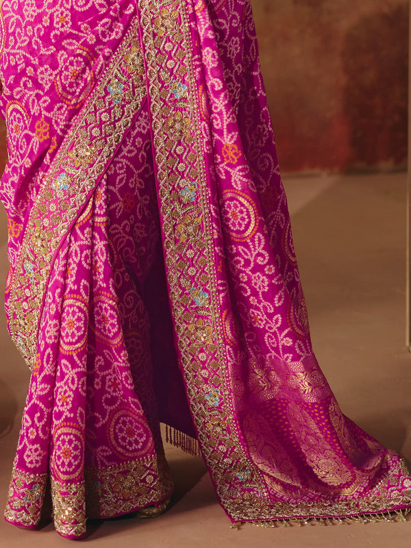 Fuchsia Pink Bandhani Banarasi Georgette Saree, border and drape