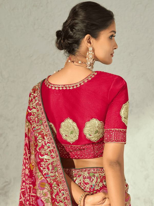 Fuchsia Pink Bandhani Banarasi Georgette Saree With Contrast Blouse