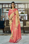 Gold Banarasi Soft Silk Saree With Floral Prints