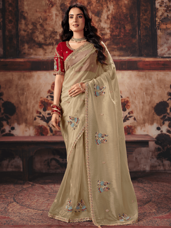 Gold Beige Embroidered Designer Organza Silk Saree With Contrast Blouse