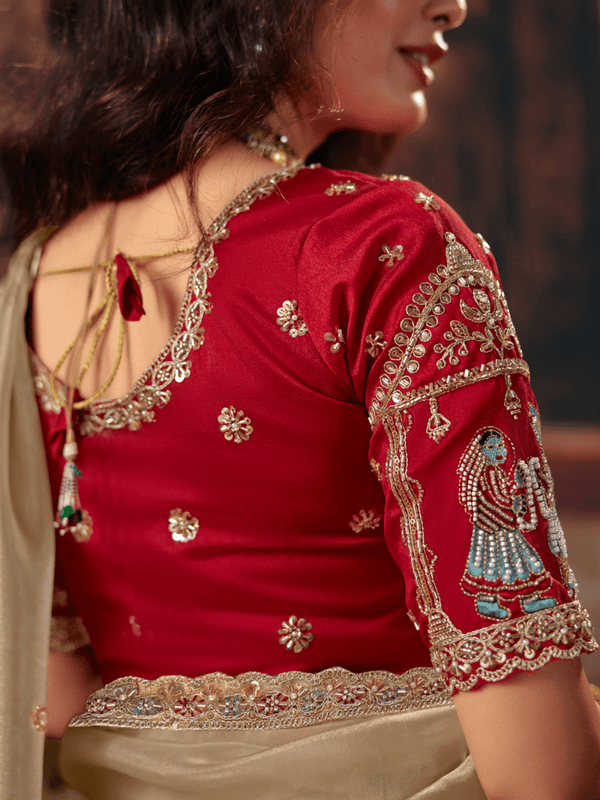 Gold Beige Embroidered Designer Organza Silk Saree With Contrast Blouse