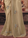 Gold Beige Embroidered Designer Organza Silk Saree With Contrast Blouse