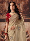 Gold Beige Embroidered Designer Organza Silk Saree With Contrast Blouse