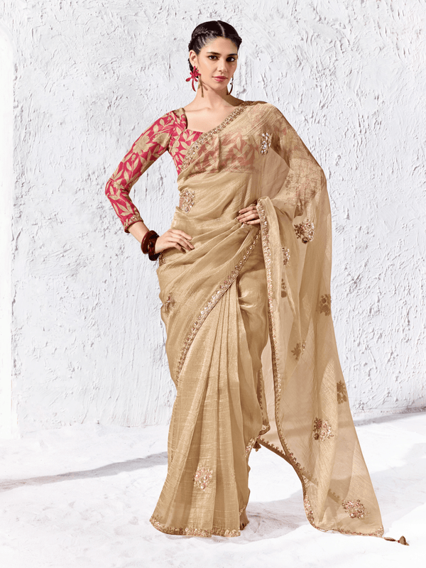 Gold Beige Embroidered Designer Tissue Silk Saree With Contrast Blouse