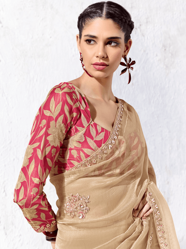 Gold Beige Embroidered Designer Tissue Silk Saree With Contrast Blouse