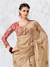 Gold Beige Embroidered Designer Tissue Silk Saree With Contrast Blouse
