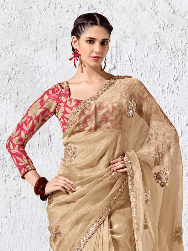 Gold Beige Embroidered Designer Tissue Silk Saree With Contrast Blouse