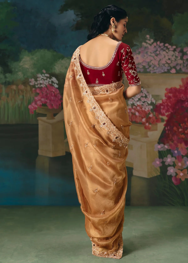 Gold Designer Silk Saree with Mirror and Zari Embroidery Work