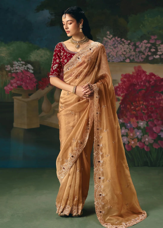 Gold Designer Silk Saree with Mirror and Zari Embroidery Work
