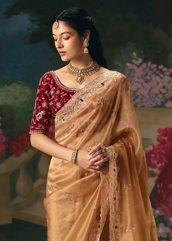 Gold Designer Silk Saree with Mirror and Zari Embroidery Work