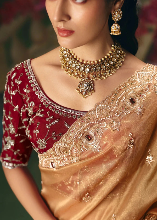 Gold Designer Silk Saree with Mirror and Zari Embroidery Work