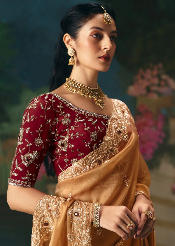Gold Designer Silk Saree with Mirror and Zari Embroidery Work