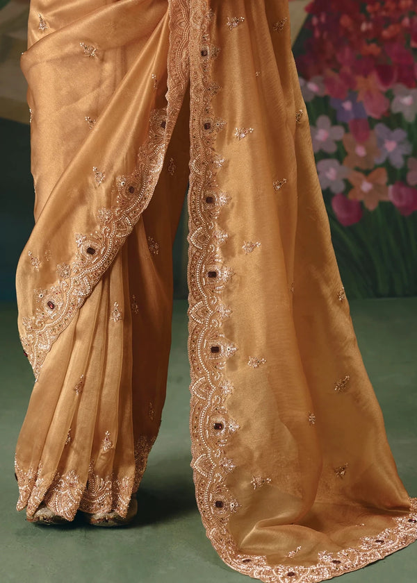 Gold Designer Silk Saree with Mirror and Zari Embroidery Work