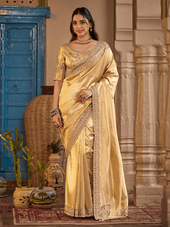 Gold Embroidered Designer Tissue Silk Saree